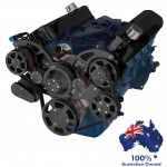 FORD FALCON MUSTANG WINDSOR 351W CLEVOR SERPENTINE PULLEY AND BRACKET COMPLETE KIT WITH ALTERNATOR AIR CONDITIONING USING GM TYPE II POWER STEERING PUMP ALL INCLUSIVE - BLACK FINISH